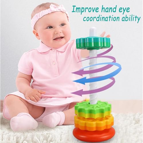 Image of Spinning Tower Stacking Toy, Rainbow Educational Rings, Montessori Sensory Learning Toy for Toddlers 1-3 Years