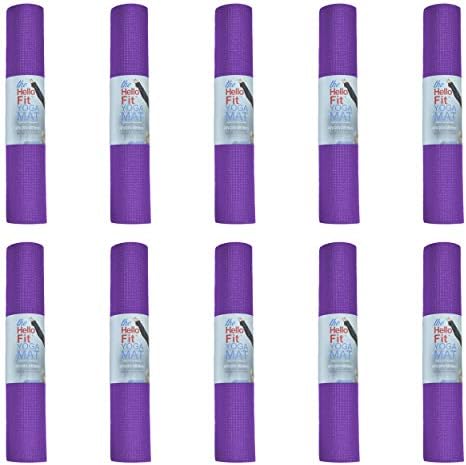 Hello Fit Yoga Mats, Bulk 10 Pack. 68x24x1/8 inches, Affordable Exercise Gym Mats with Non-Slip Texture, Easy to Clean, Purple