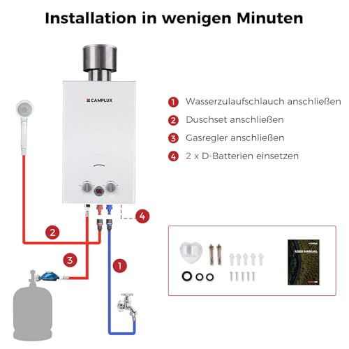 CAMPLUX BW264C-DE 10 Liter Gasdurchlauferhitzer mit Regenkappe, 50mbar Tankless Outdoor-Instant-Gasdusche für Pferd Waschen Camping RV Reise