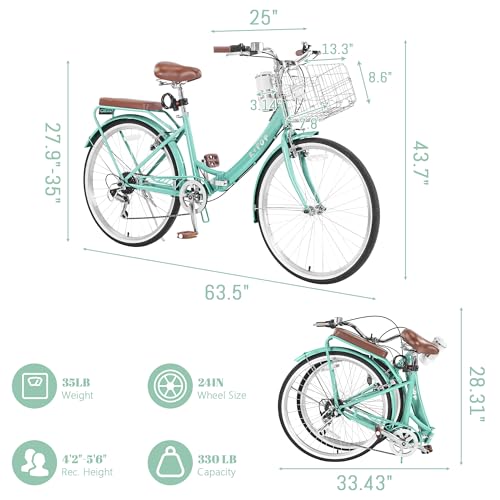 Image of 24 /26 Inch Folding Beach Cruiser Bike for Women, 7-Speed Foldable Bicycle with Basket & Cup Holder, Adult Commuter Bike with Adjustable Seat, Dual V-Brake System