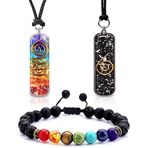 Orgone Pendant 7 Chakra Necklace Attract Spiritual Energy - Black Tourmaline Necklace for Protection - Essential Oil Diffuser Lava Bead Bracelet for Chakra Align - Spiritual Crystal Healing Necklace Cover