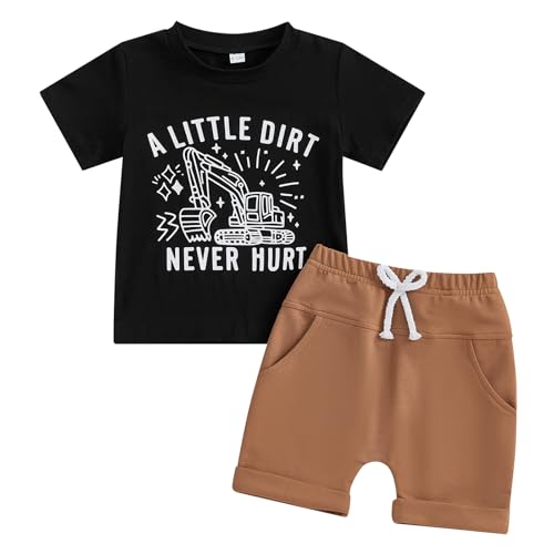 Murnouche Toddler Baby Boy Summer Clothes Excavator Print Letter T Shirt Casual Shorts Set