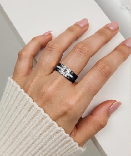 Ceramic Wedding Band Ring for Women Stackable Rings, Polished Ceramic with Stainless Steel & Zirconia Patchwork (8mm-Black, 7)2
