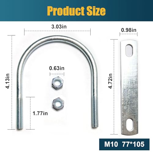 Image of 2 Sets M10 U-Bolt, 3 inch Wide U Bolt with Washers and Nuts, Heavy Duty Galvanized Carbon Steel Round U Bolts for Trailers, Boats, Replacement Parts and Accessories for Ski Boat, Fishing Boat