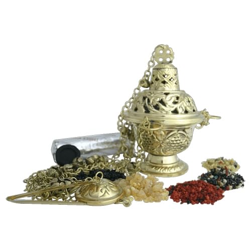 Set di incenso a tre re – 8 pezzi – 20 g di incenso Oman Ecclesia, 4 incenso da chiesa, barile di incenso H 17 cm con campanella, pinza per incenso e carbone