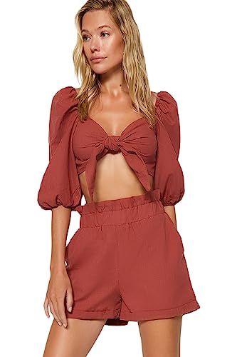 TRENDYOL Damen Einfarbig Gewebt Zweiteiler Set Hemd, Zimt, 62