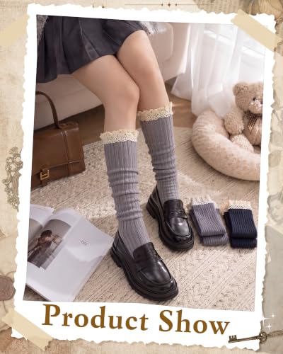 Image of Syhood Cotton Women thigh high socks with Lace Trim over the knee High Socks Boutique Lace Tall Boot Stockings for Women