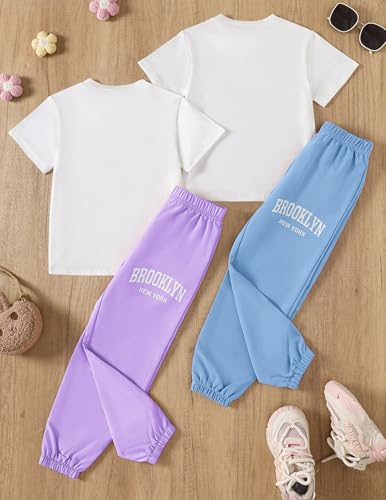 Image of Girls 6 Piece Outfits Casual Cargo Jogger Pants and Basic Love Graphic Print Short Sleeve Top Set 4-12 Years