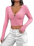 Verdusa Women's Heart Shape Keyhole Deep V Neck Long Sleeve Ribbed Slim Fitted Crop Tee Top Pink L