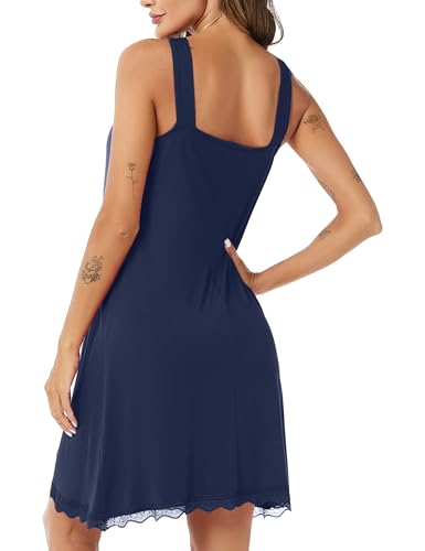 Uniexcosm Nachthemd Damen Ärmelloses Kurz Baumwolle Nachtkleid Spitze V-Ausschnitt Nachtwäsche Sexy rutschfeste Schultergurte Freizeitkleid Sleepwear Marineblau XXL 3
