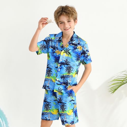 Image of Weixinbuy Boys Summer Outfits Short Sleeve Hawaiian Shirt and Shorts Vacation Set for Kids Summer Clothes Set