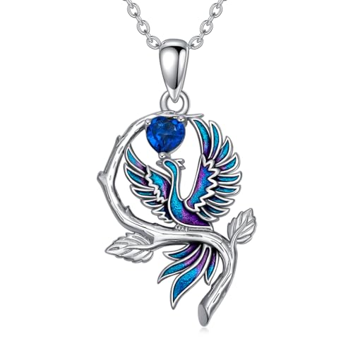 LONAGO Phoenix Collana 925 Argento Sterling Blu Fenice con Pietra Natale del Cuore Pendente Collana per Donna (Settembre)