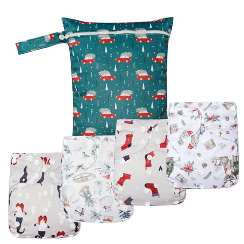 Image of HappyFlute 9 Sets Newborn Baby Cloth Pocket Diapers Adjustable Reusable for Baby Boys and Girls(6-33 pounds,0-3 Years),One Wet Bag+4Diapers and 4Inserts