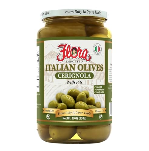 Flora Foods Italian Olives Cerignola with Pits | CerignolaOlives | 19 oz (530g) | 100% Italian | All Natural | Non GMO | Fresh Harvest