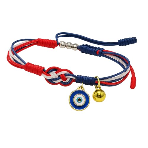 Evil Eye Bracelet with Bell for Women and Men, Red White Blue Adjustable Rope, Good Luck Protection, Red String Design - Main Image
