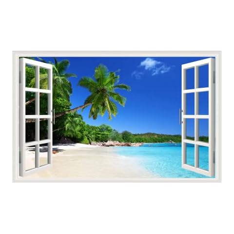 Amtoodopin 3D Beach Fake Window Wall Stickers Tropical Island with Palm Trees Wall Mural Window View Wall Decor for Home Cover