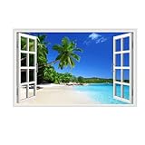 Amtoodopin 3D Beach Fake Window Wall Stickers Tropical Island with Palm Trees Wall Mural Window View Wall Decor for Home
