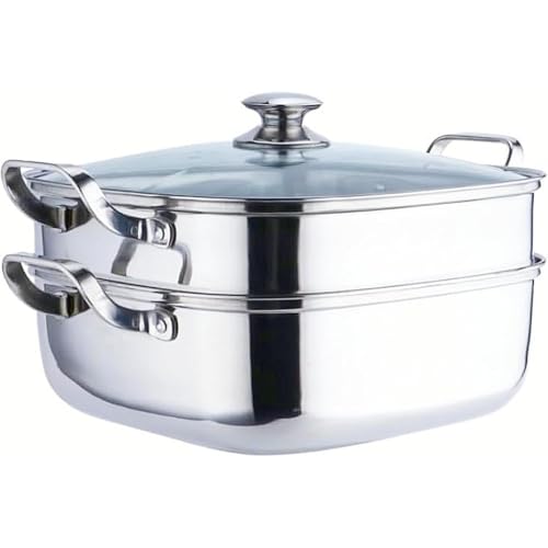 KQQK四角い家庭用蒸し料理直火/IH各種熱源適用ガラスふた付き多機能ステンレス掃除が簡単、料理を入れる鍋調理器具変形防止底面2層仕様おでんや鍋料理の両手に使える (2層)