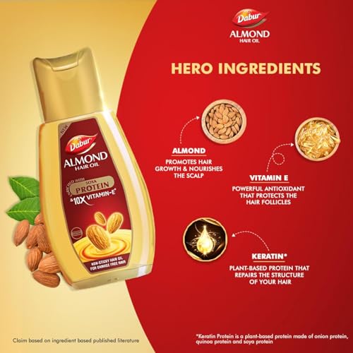 Image of Dabur Almond Hair Oil - 500ml | Provides Damage Protection | Non Sticky Formula | For Soft & Shiny Hair | With Almonds, Keratin Protein, Soya Protein & 10X Vitamin E (Pack of 2)