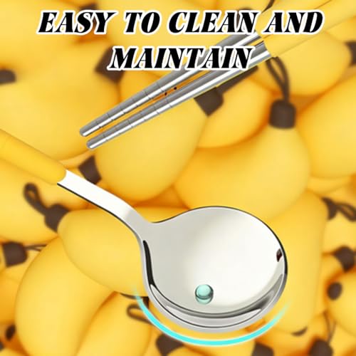 Image of Supvox Spoon and Fork Set with Case - Cartoon Banana Style Utensils Storage Case Spoon Box for Lunch Bag Yellow Handle Stainless Steel Utensils for School, Picnic, Outdoor, Office