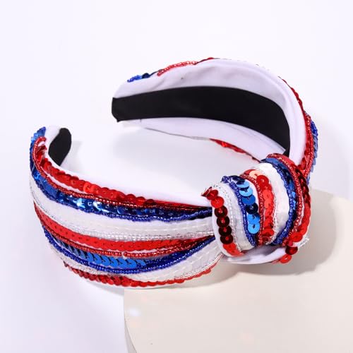 4-th-of-July-Headband-for-Women-Girls-Fourth-of-July-Knotted-Headband-Red-White-and-Blue-Sequin-Beaded-Patriotic-Hairband-American-Flag-USA-Independence-Day-Head-Band-Hair-Accessories-Gifts