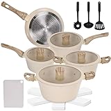 ULTVIGOR Jogo de Panelas Cerâmica Antiaderente 14 Peças, Fundo Triplo Indução Compatível Todos Fogões Fácil Limpar, Bege