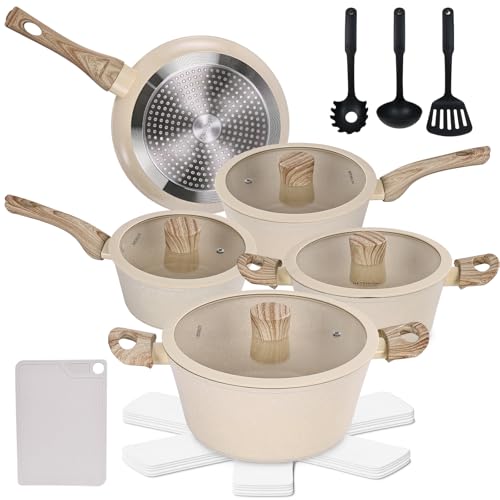 ULTVIGOR Jogo de Panelas Cerâmica Antiaderente 14 Peças, Fundo Triplo Indução Compatível Todos Fogões Fácil Limpar, Bege
