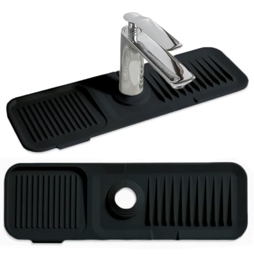 Image of Silicone Faucet Handle Drip Catcher Tray - Self-Draining Kitchen Sink Splash Guard with Adjustable Coil Opening - Sink Faucet Mat with Cleaning Towel (Black)