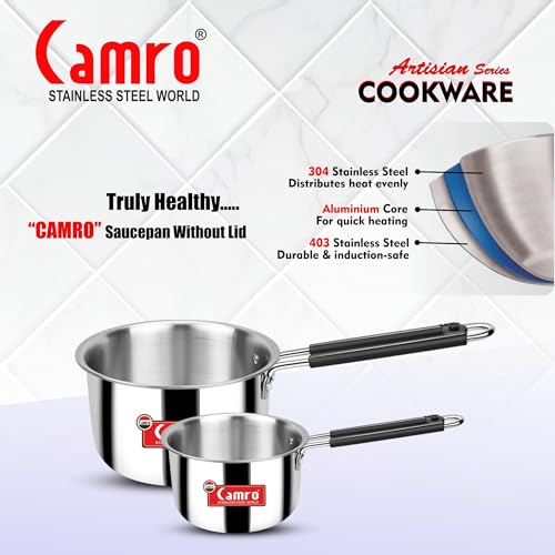 Image of Camro Tripro Triply Artisian (10 No, 1 Liters) Tea Pan MilkPan Saucier Cooking Pot for Chai Boil Warm Herb-Spice-Infusion, Heat Resist Handle, Induction Friendly & Gas Ready 6-Year Warranty