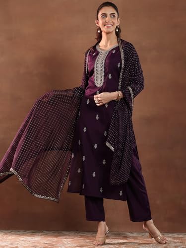 Image of Embroidered Silk Blend A-Line Kurta With Trouser and Dupatta