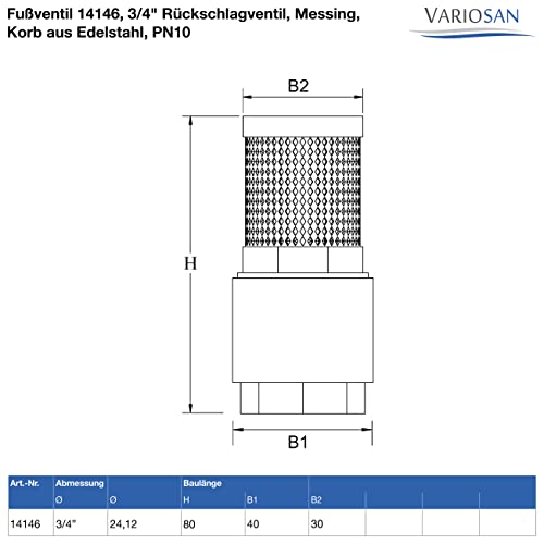 VARIOSAN Fußventil 14146, 3/4 Rückschlagventil, Messing, Korb aus Edelstahl