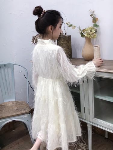 New 5-14Y [Brand Name] Girls White Feathered Dress Long Sleeve Tie Neck Boho Ethereal Party Photoshoot3