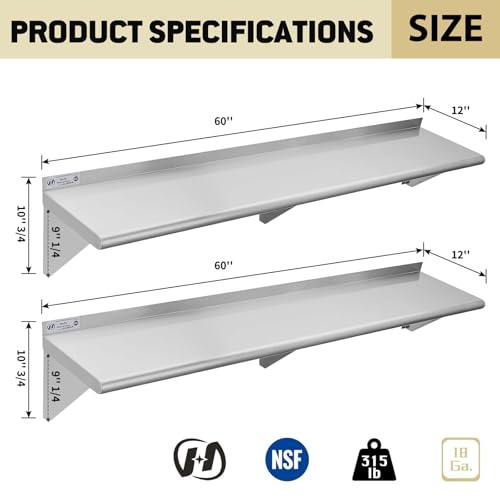 Image of Hally Stainless Steel Shelf Wall Mounted Metal Shelf Wall Shelf 12 x 60 NSF Heavy Duty 315 lb Capacity, Commercial Wall Mounted Storage Rack for Kitchen, Garage, Laundry Room 2 Pack