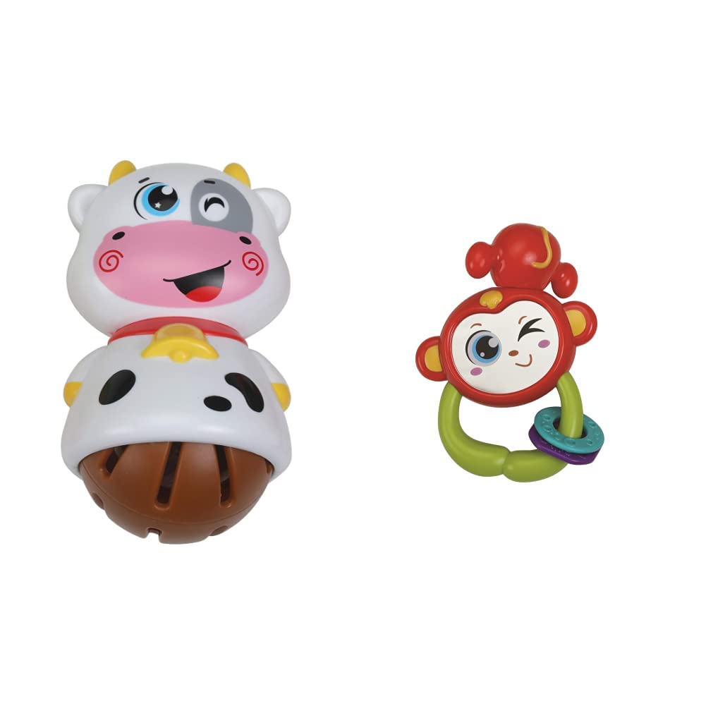 Luvlap - 18555 Cow Rattle for Baby, Multicolor & Luvlap Monkey Rattle for Baby, Multicolor