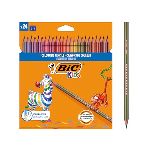 BIC Kids Evolution Stripes Lápices de colores - colores Surtidos, Blíster de 24 unidades