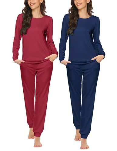 Image of Ekouaer 2 Pack Pajama Sets for Women,Long Sleeve Top With Jogger Pants Lounge Set Sleepwear with Pockets