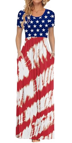 Image of AUSELILY Women's Classic Short Sleeve Loose Plain Casual Long Maxi Dresses | Year Round wear solid floral print, Casual wear, Empire waist, Floor-length, Side pockets, Short Sleeve