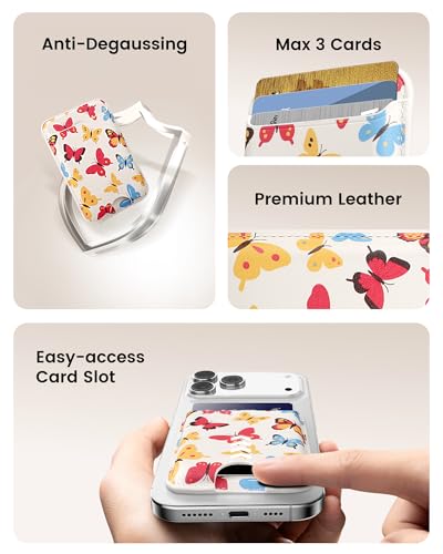 Image of Magnetic Mag-safe Wallet Cell Phone Card Holder for Phone Case with Mag-Safe, Stronger Magnetic RFID Leather Stick on Phone Wallet Compatible with iPhone 17 /16 /15 /14 /13 /12 Series, Butterfly Color