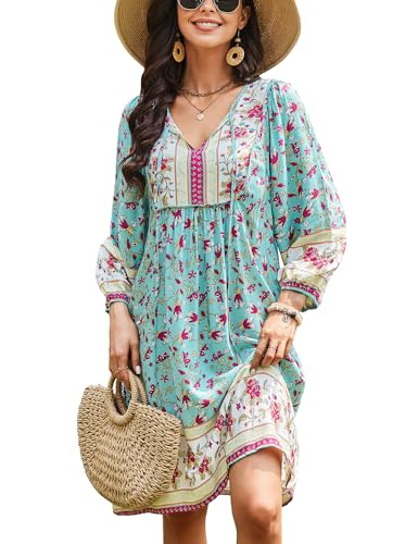 Image of Bluetime Women Casual Summer Dress Boho V Neck 3 /4 Sleeve Babydoll Floral Print Flowy Beach Dress
