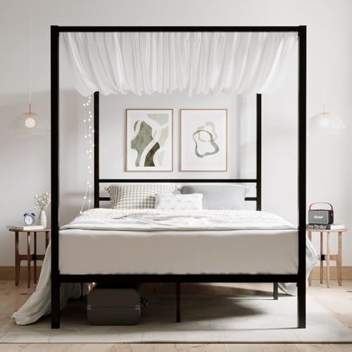 Image of Metal Queen Size Poster Bed Without Storage | Canopy Queen Poster Bed for Bedroom & Home | Sturdy Wrought Iron Double Cot with Headboard & Footboard, (Design 2-Black)