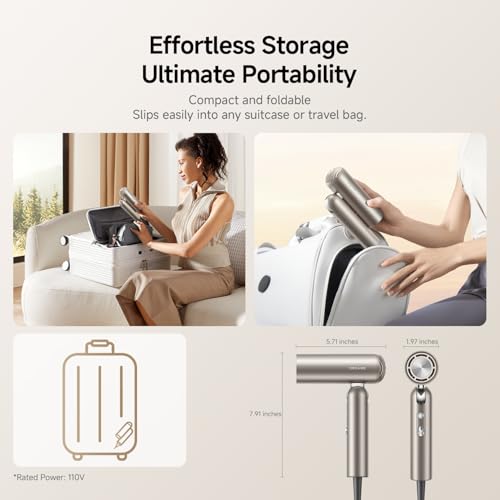 Image of Dreame Pocket Hair Dryer 2026 New, Portable Folding Blow Dryer with Diffuser, Fast Drying, High-Speed Brushless Motor, 300M Negative Ions, Lightweight, Low Noise, for Home & Domestic Travel & Gym