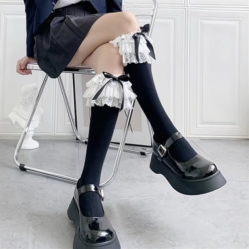 Womens Lace Ruffle Knee High Socks Lolita Multi-Layered Bows Stockings Girls College Style Long Socks for Summer4