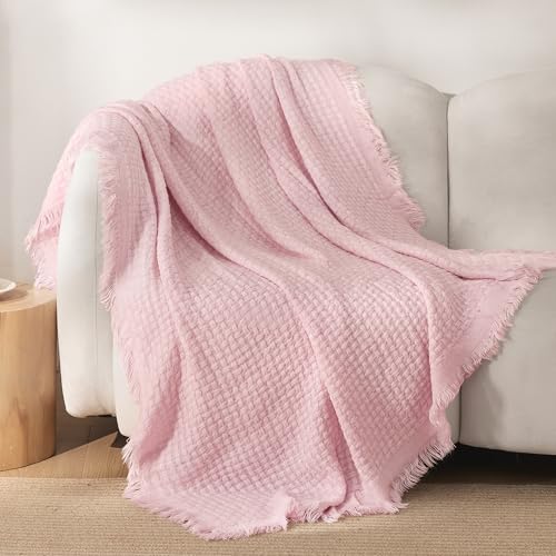 Exclusivo Mezcla Knit Throw Blanket with Fringes for Sofa Reversible Super Soft and Breathable Woven Boho Throw for Summer Home Decor 127x152 CM Light Pink