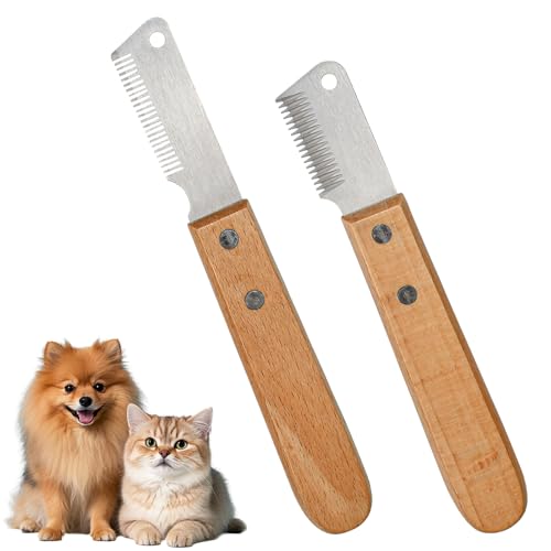 Zuxbolf Trimmmesser für Hunde mit Holzgriff Trimmkamm Feiner & Grober Kamm Trimm Messer Hundekamm aus gehärtetem und geschliffenem Edelstahl Haustierpflege Werkzeug für Haustier Pet Unterwolle