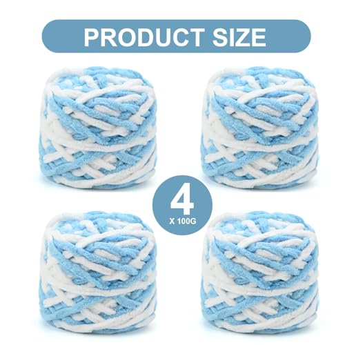خيوط صوف للحياكة، خيوط غزل مكتنزة ناعمة متعددة الالوان لمشاريع الكروشيه والغزل، مثالية للحقائب اليدوية والسترات والقبعات والبطانيات والاوشحة والكرات المخملية، ازرق وابيض (4 × 100 غرام)