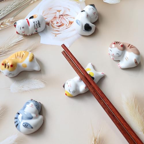 Vastsea 6 Stück Katze Stäbchen Halter, Stäbchen Rest Gabel Halter, Gabel Messer Halter Handwerk Ornamente, Gelten Für Hauptdekoration Geschenk Set(6 Katzen mit 6 Aussehen)