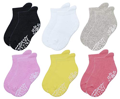 RATIVE Anti Slip Non Skid?Ankle Socks With Grips for Baby Toddler Kids Boys Girls (1-3T, 6-Pairs/girl)
