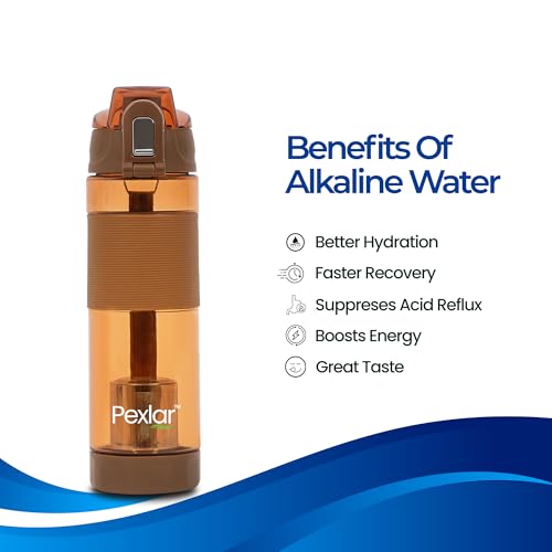 Image of Pexlar Tritan Multi Stage Alkaline Water Filter Bottle | Alkaline Water Generator | Water Bottle with Filter inside | Brown | 650 ml | Multirich Mineral Water - BPA Free