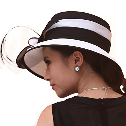 June's Young Women Church Hats Formal Dress Derby Hats with Feather Elegant Bucket Hats (Black/White)2
