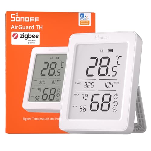 SONOFF SNZB 02DR2 AirGuard TH, Sensor Inteligente Zigbee de Temperatura y Humedad Interior, Pantalla LCD de 3.6'', Monitoreo en App con Gráficas, Alertas, Exportación de Datos, Visualización Remota